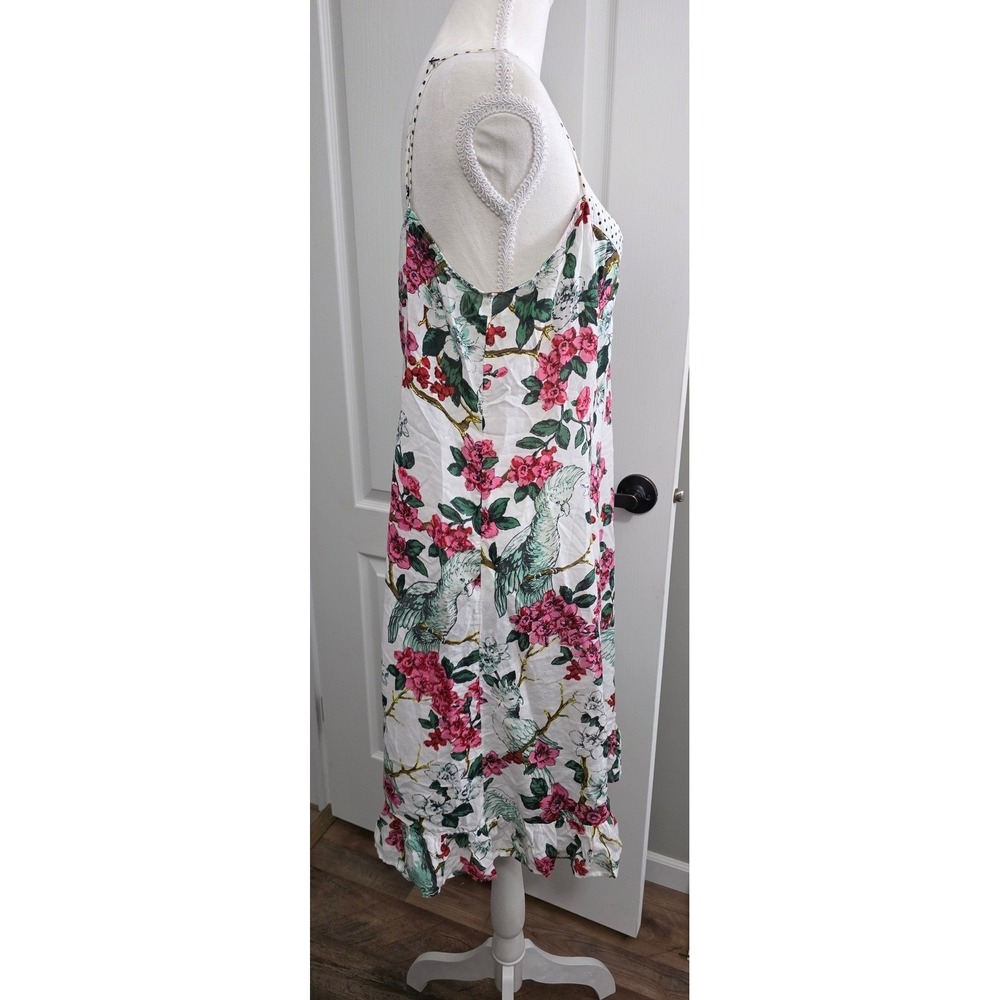 Anthropologie Dress Women L Floral Bird Print Slip Dress White Pink Green Whimsy - Picture 3 of 10